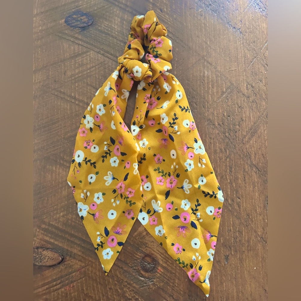 Mustard Floral Hair Scarf Scrunchie with Long Tails Winter Scarf NEW